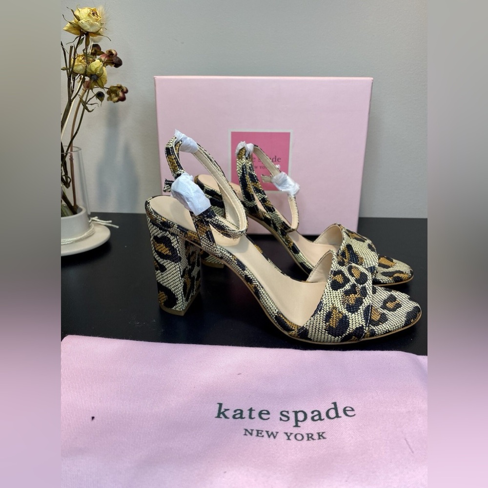KATE SPADE Odele Leopard Raffia Block Heel Sandals | Size 7.5B | NATURAL NIB